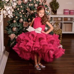 Girl Dresses Fashion Fuchsia Flower Dress Princess First Communion High Collar Short Front Long Back Kids Prom Gown