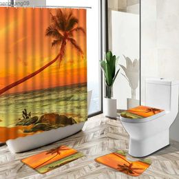 Shower Curtains Evening Sunset Ocean Scenery Shower Curtain Beach Waves Stone Tree Pedestal Rug Toilet Cover Bathroom Deco Set R231114