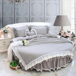 Luxurious Grey Cotton Bedding Set with Ruffle Duvet Cover, Bedsheet, Pillow Case, and Round Kit. 4PCS Super Large Sizes for European Home Beds.