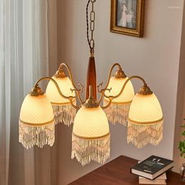 Pendant Lamps French Living Room Tassel Chandelier Mediaeval Creative Solid Wood Bedroom Glass Lamp American Retro All-copper