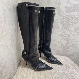 Cagole lambskin leather knee-high boots stud buckle embellished side zip shoes pointed Toe stiletto heel tall boot luxury designers shoe for all-match rise