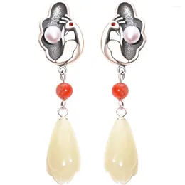 Dangle Earrings Vintage Silvery Piercing Ear Drop Red Agate Beads Hetian Jade Carved Flower Pendant For Women Fresh Jewelry Gift