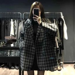 Womens Leather Faux Fashion Houndstooth Wool Jacket Women Korean Loose Elegant Double Breasted Suit Overcoat Winter Thick Warm Blend Outerwear 231113