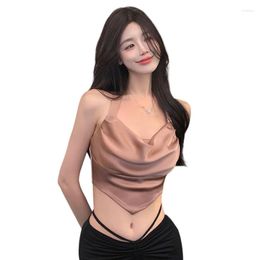 Women's Tanks Sexy Satin Halter Camisole For Women Korean Version V-neck Pleated Tank Top Girly Summer Casual Versatile Crop