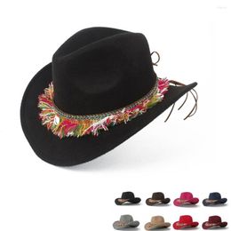 Berets 2023 Fashion Women Wool Western Cowboy Hat LadyOutblack Tassel Sombrero Hombre Jazz Cap Size 56-58