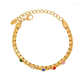 Link Bracelets Chic Style Stainless Steel Small Box Chain Inlay Colourful Cubic Zirconia Stone Bracelet For Women 18K Gold Plated Jewellery