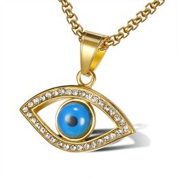 Pendant Necklaces Hip Hop Iced Out Bling Blue Evil Eyes Necklaces Gold Colour Stainless Steel CZ Eye Pendant Necklace Turkish Jewellery Dropshipping T230413