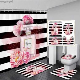 Shower Curtains Pink Flowers Shower Curtain Set Black And White Striped Plant Bath Mat Anti-slip Rug Toilet Cover For Bathroom Decor R231114