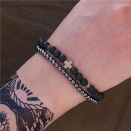 Strand 2Pcs/Set Beaded Bracelet Men Women Black Natural Lava Stone Beads Hematite Cross Prayer Bangles Meditation Yoga Jewellery