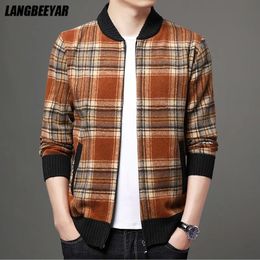 Men s Sweaters Top Quality Brand Fashion Woollen Thick Velvet Plaid Casual Baseball Collar Jacket Men Korean Windbreaker Coats Clothes 231113