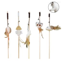 Cat Toys Cute Cartoon Pet Teaser Feather Wood Rod Mouse Toy With Mini Bell Catcher Wooden Interactive