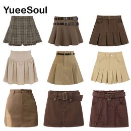 Skirts Brown Mini Y2K Vintage High Waist Women Pleated Chic Sweet Cute Preppy Style Casual 90s E Girl Dance 230414