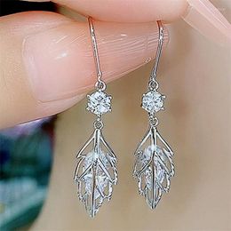 Dangle Earrings Luxury Female Crystal White Zircon Stone Drop Silver Colour Boho Long Leaf Wedding For Women