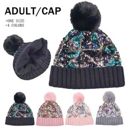 Sequin Embossed Winter Hat Fashion Causal Winter Elegant Beanies With Pom Pom Women Warm Knit Sequin Christmas Party Hats Q728