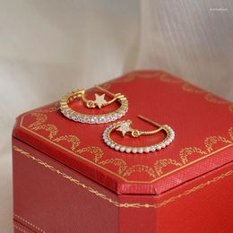 Hoop Earrings Trendy 14K Real Gold Plated Pentagram Pearl For Women Asymmetry Jewelry Zircon S925 Silver Needle Gift