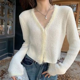 Women's Knits Short Cardigan Women Knitted Fluffy V-neck Long Sleeve Solid Basic Gentle All-match Elegant Graceful Sweet Chic Design Coats