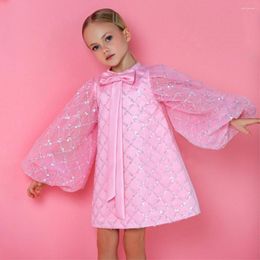 Girl Dresses Chic Long Lantern Sleeve Flower Dress High Neck With Bow Diamond Pattern A-Line Short Gown For Baby Festival Birthday Party