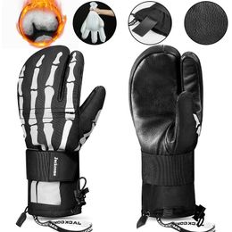 Ski Gloves Ski Gloves Women Men Leather Waterproof Thermal Insulated Three-Finger Winter Warm Thinsulate Snowboard Accessories 231114