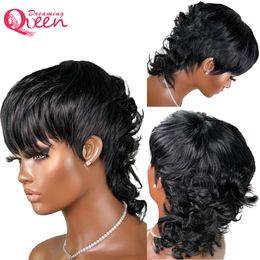 Short Pixie Cut Wig With Bangs Brazilian Remy Loose Wave Human Hair Full Machine Made No Lace Wigs For Black Women Model Length