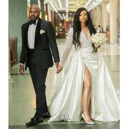 African Illusion Pearls Crystal Bridal Satin Church Maniche lunghe abiti da sposa abiti da sposa abiti da giardino arabo da giardino 0516