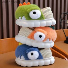 Slipper New 2024 Winter Warm Children's Slippers Cute Dinosaur Slippers Kids Fluffy Home Heel Wrap Cotton Shoes Boys Girls Indoor ShoesL231114