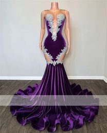 Purple Mermaid Sexy Veet Black Girl Prom Dress 2023 Lace Appliques Beads Sheer Mesh Graduation Party Gowns Robe De Bal