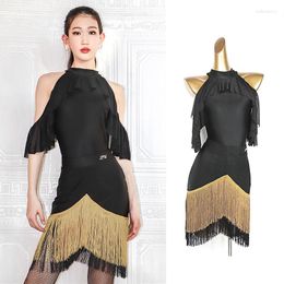 Stage Wear 2023 Latin Dance Outfit For Women Off-Shoulder Bodysuit Gold Tassel Skirt ChaCha Dancewear Rumba Samba Practise VDB6649