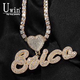 Pendant Necklaces Uwin Heart Bail Brush Cursive Letter Pendant Name Necklace Pendant Micro Paved CZ Personalised Baguettes Chain Hiphop Jewellery T230413