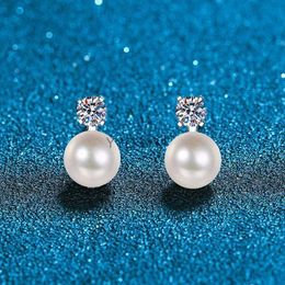 Stud 9mm Freshwater Cultured Pearl Bridesmaid Stud Earrings With Moissanite Top Sterling Silver Ear Studs Wedding Jewelry for Brides YQ231114