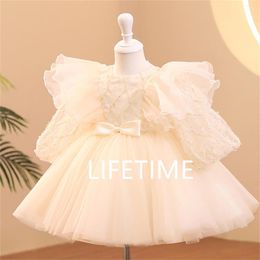 Girl Dresses Fluffy Flower Dress For Wedding Champagne Party Kids Birthday Long Sleeve A-line Ball Gown Knee Length Princess Bow