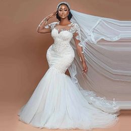 South Africa Mermaid Wedding Dresses Lace Full Sleeve Appliqued Sweep Train Tulle Bridal Gowns Sheer O-Neck Arabic Aso Ebi Vestidos De Novia Plus Size