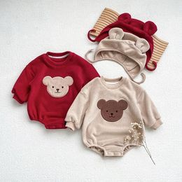 Sets Baby clothes fall/winter boys plush ear sweatshirt romper girls baby born hooded romper jumper fleece pants 231113