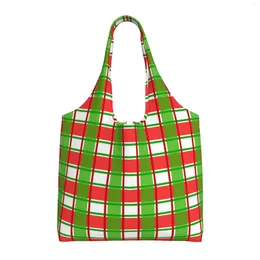 Shopping Bags Red And Green Scotch Christmas Pattern Reusable Grocery Foldable Washable Tote With Pouch