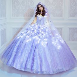 Lavender Quinceanera Dresses With Cloak Off Shoulder Floral Beading Lace Princess Birthday Party Gowns Corset