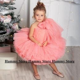 Girl Dresses Pink Flower Dress One Shoulder Sleeveless Pleat Puff Skirt Ball Gown Birthday Party First Communion