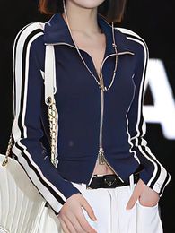 Women' Blends Casual Sports Coat Women Spring Long Sleeve Zipper Striped Jacket Korean Fashion Vintage High Street Cool Girls Grunge Y2k Tops 231114