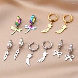 Hoop Earrings Fashion Stainless Steel For Women Men Punk Bow Star Feather Dragonfly Dangle Earring Party Casual Jewelry