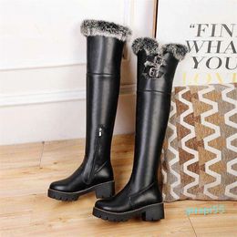 Top Boots Rabbit Hair Warm Snow Boots Leg Protectors Long Sleeved Female Thick Soles Heels High Thickened Wool Cotton Boots to Keep Out the Cold