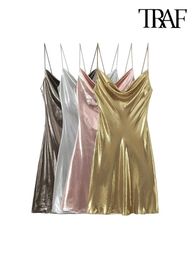 Basic Casual Dresses TRAF Women Fashion Metallic Draped Party Mini Dress Sexy Backless Thin Sequins Straps Female Vestidos Mujer 231113