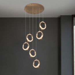 Luxury Golden Ring LED Ceiling Chandeliers for Staircase Decor Room Hanging Lamps for Ceiling Modern Home Lighting Stair Lustre