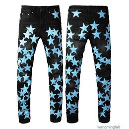 Men's Man Skinny Black Ripped Jeans Designer Rip Pants Denim Blue Star Patches Straight Zipper Fly Hole Fashion Halloween Hip Hop 20ss Stretchy Motorcycle Qqjh