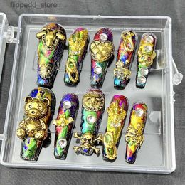 False Nails Punk Skulls Bear Design Press On Y2k Colorful Tips Handmade Long Coffin Stiletto Acrylic Fake Nail With Glue Q231115