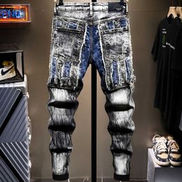 Men's Jeans Men's Patchwork Ripped Crop Jeans Trendy Streetwear Slim Straight Stretch Denim Pants Mid Waist Ankle Length Trousers Y23