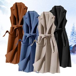 Misto lana da donna Gilet da donna Cappotto di lana Giacca lunga Gilet con cintura in vita Risvolto solido Ufficio Capispalla femminile Autunno Inverno Abbigliamento per le donne 231113