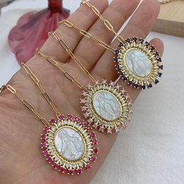 Chains Fashion Oval White Mother Of Pearl With Zircon Religious Holy Virgin Mary Necklaces For Female