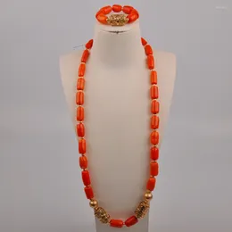 Necklace Earrings Set Simple Men's African Bridegroom Bride Wedding Jewellery Couple Orange Natural Coral Nigeria Bead AU-490