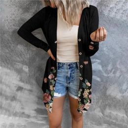 Women's Knits Bohemian Beach Loose Fit 2023 Autumn Flower Pattern Print Mid Length Thin Cardigan Cover Up Coat Women