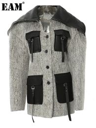 Women's Wool Blends Gray Pocket Color-block Big Size Woolen Coat Lapel Long Sleeve Women Jacket Fashion Autumn Winter 1DH2821 231113