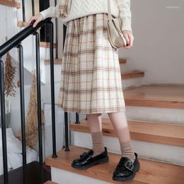 Skirts 2023 Women Fall Winter Vintage Plaid Midi Wool Female High Waist Girl Cute Pleated Preppy Style Lolita Skirt