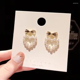 Dangle Earrings Korean Style Pearl Heart Cute Alloy Bowknot Drop For Women Fashion Vintage Party Jewellery Accessories ER1055